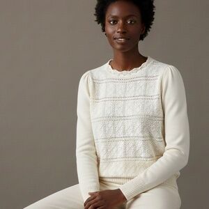 Ann Taylor LOFT Sweater Medium Cream Pointelle Cotton Blouson Sleeve